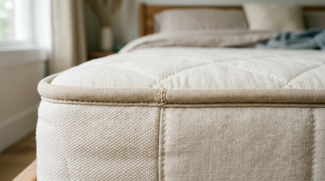 Nahaufnahme einer Matratzenecke mit Keder und Steppnaht in einem hellen Schlafzimmer