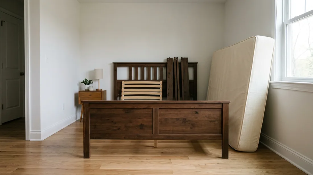 Abgebautes Bettgestell mit abgezogener Matratze und freigelegten Sockelleisten in einem Schlafzimmer