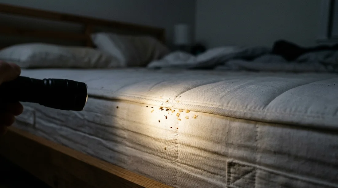 Matratzennaht mit dunklen Kotspuren und abgestreiften Häuten, von einer Taschenlampe angeleuchtet