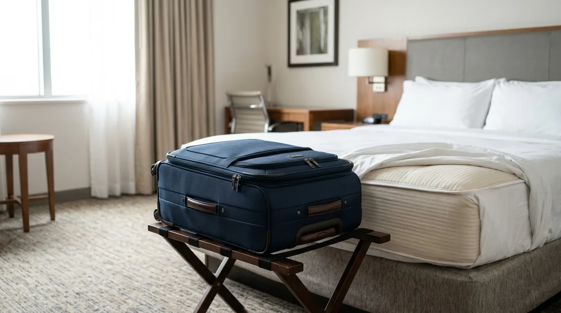 Koffer auf einem Gepäckständer in einem Hotelzimmer, im Hintergrund ein gemachtes Bett
