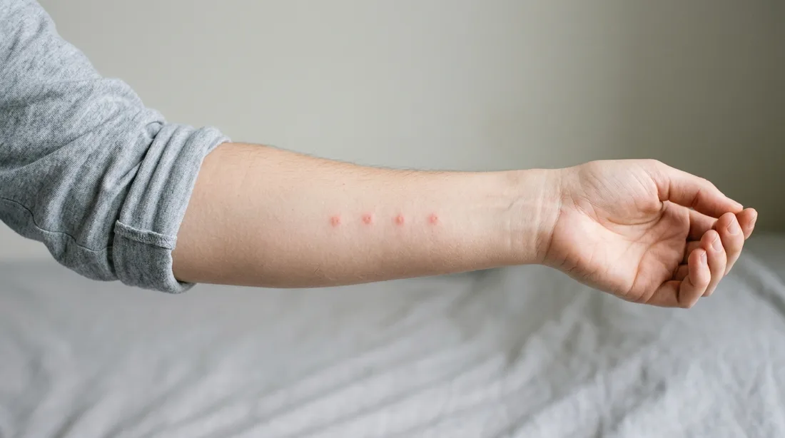 Unterarm mit mehreren kleinen roten Stichstellen in einer Reihe, sachliche Nahaufnahme